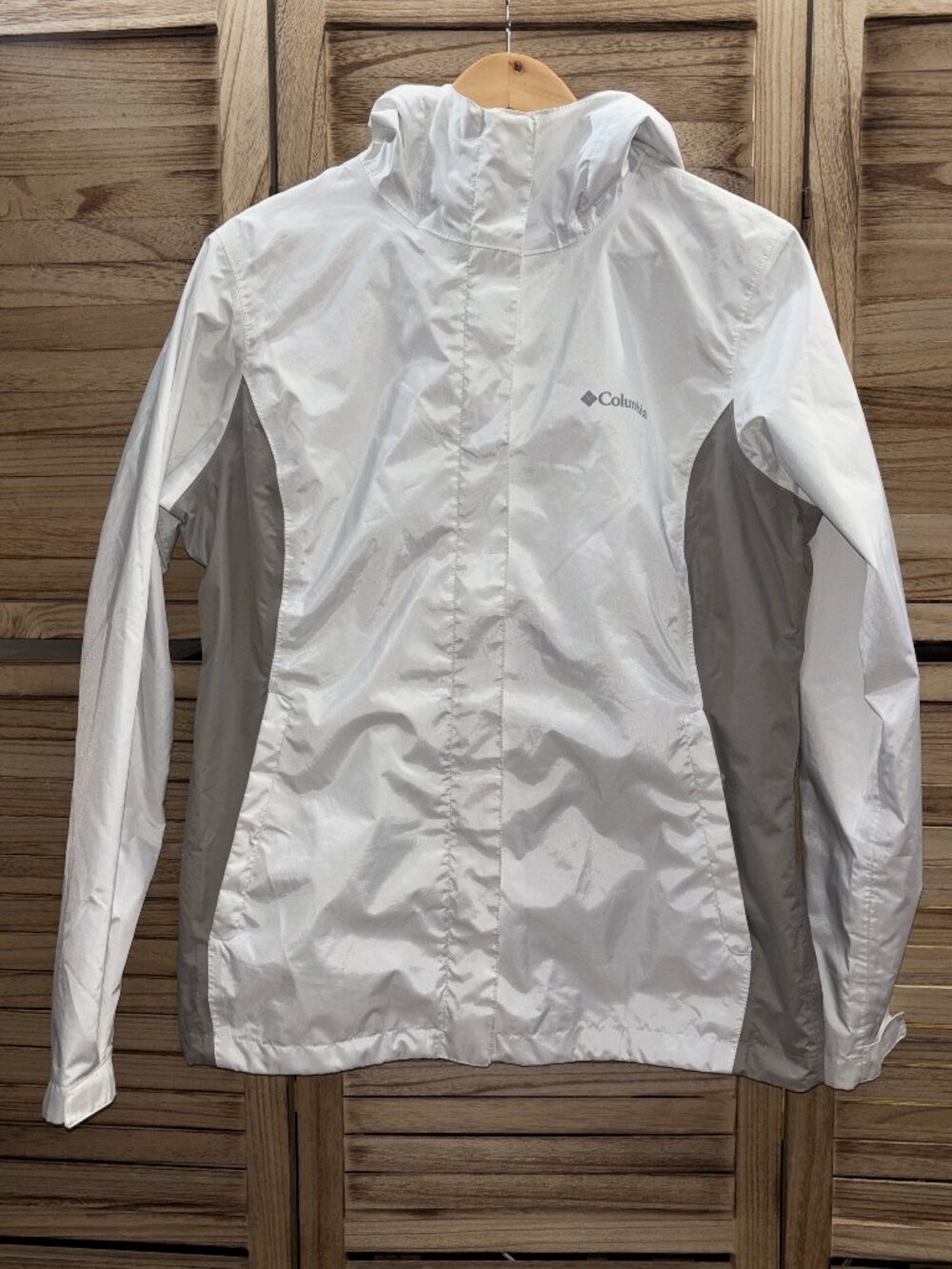 Columbia Women's White & Gray Lightweight Hooded Rain Jacket